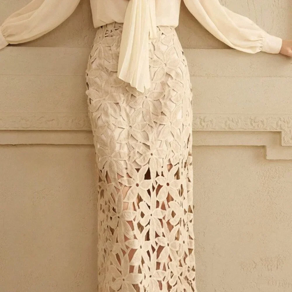 Khaki Casual Women's Floral Lace Cutout A-Line Skirt - Picture 6 of 9
